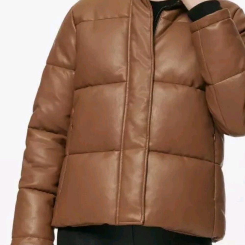 MARC NEW YORK Alex Brown Faux Leather Super Zip Up Puffer Jacket Size L